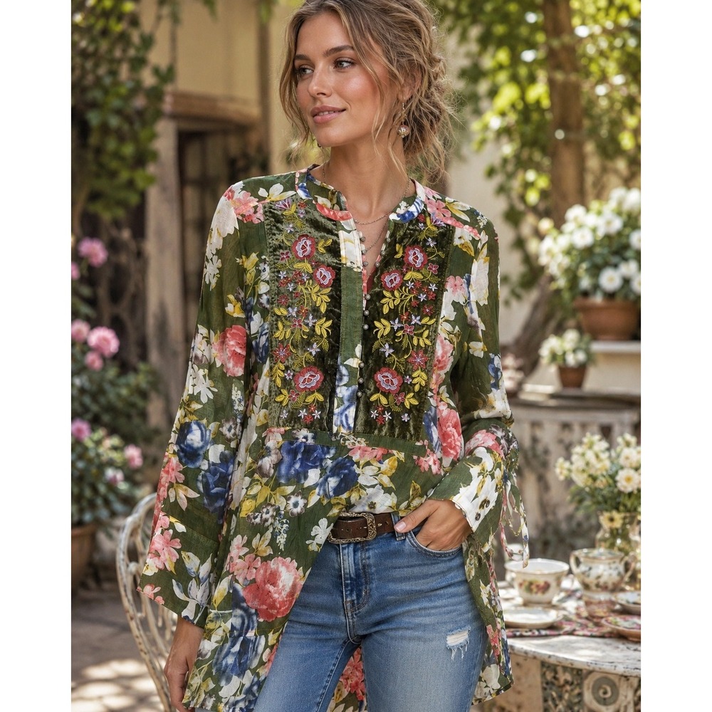 Aratta Tunic Top Floral Velvet Embroidered Olive Green Boho Large